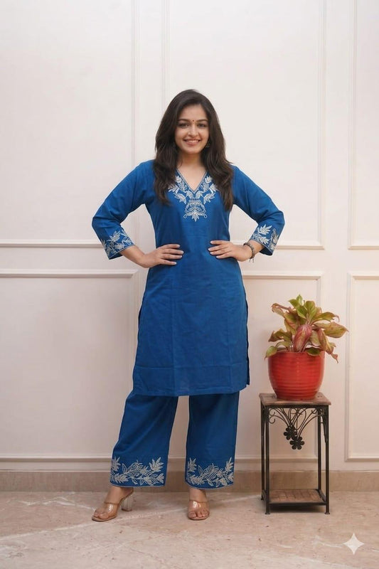 Solid Cotton Kurta Set with Zari Work