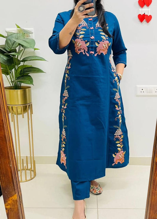 Embroidered Cotton Flex Kurti Pant Set