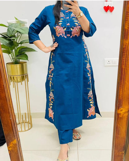 Embroidered Cotton Flex Kurti Pant Set