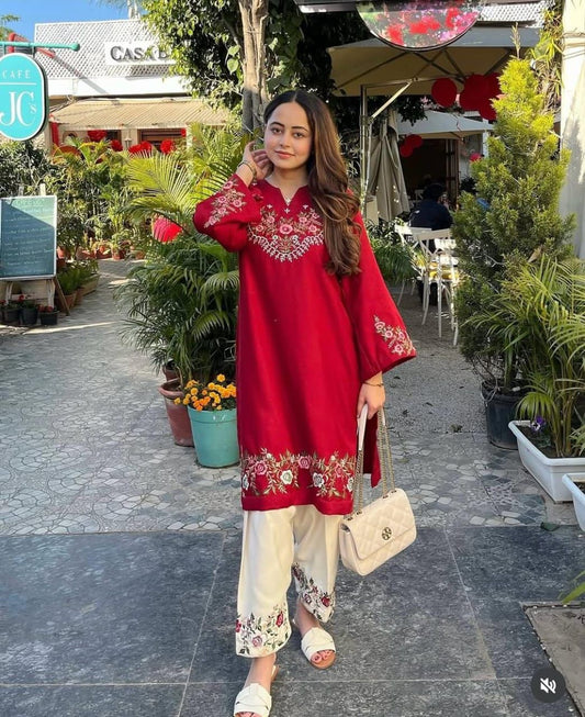 Red Embroidered Co-ord Set