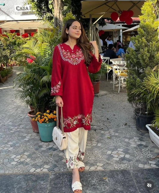 Red Embroidered Co-ord Set